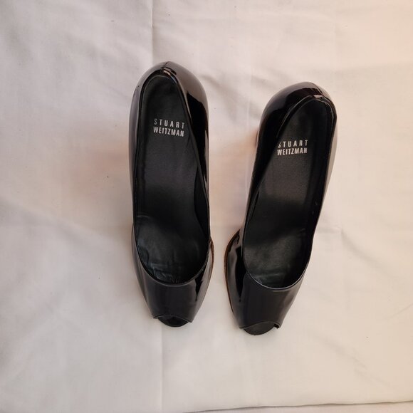 Y2K Vibes Chunky Wooden Heel, Stuart Weitzman Patent Peep Toe Heels Women's 9M - Picture 3 of 16
